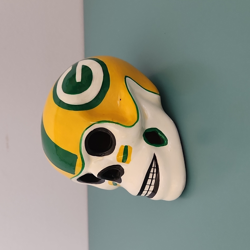 Handpainted Green Bay Packers ceramic skull